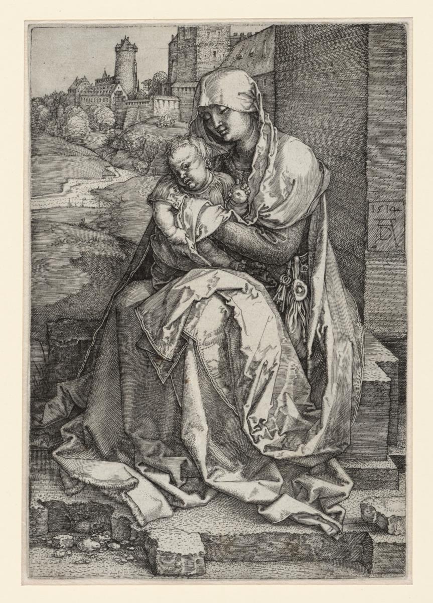Maria mit Kind vor einer Mauer sitzend