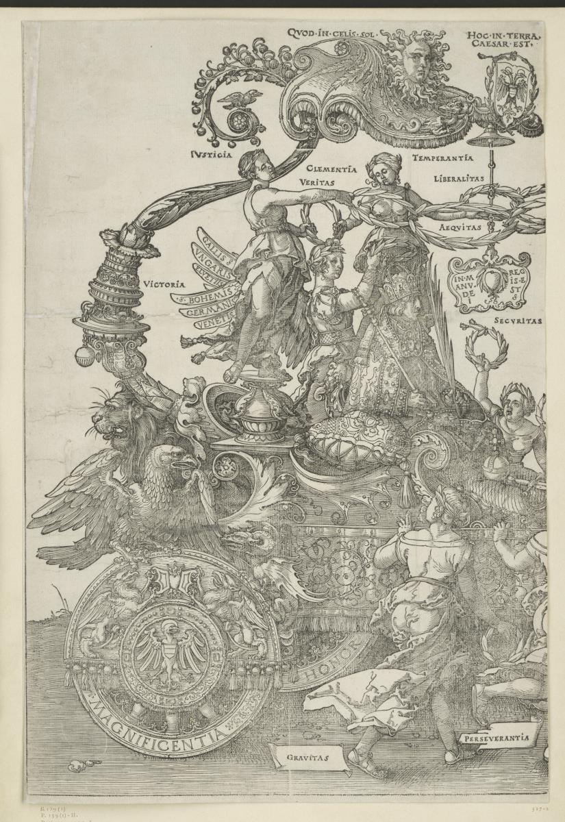 Der große Triumphwagen: Linke Hälfte des Wagens mit der den Kaiser krönenden Victoria (1. Stock)