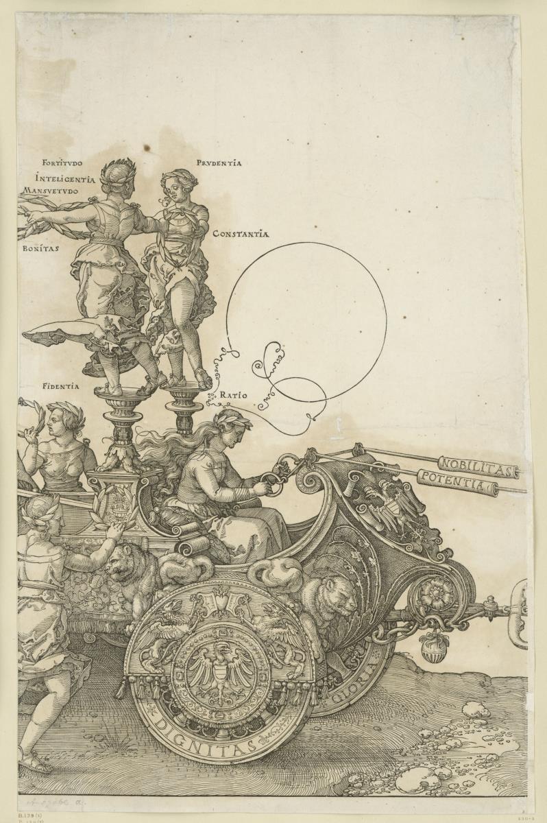 Der große Triumphwagen: Rechte Hälfte des Wagens mit der wagenlenkenden Ratio (2. Stock)