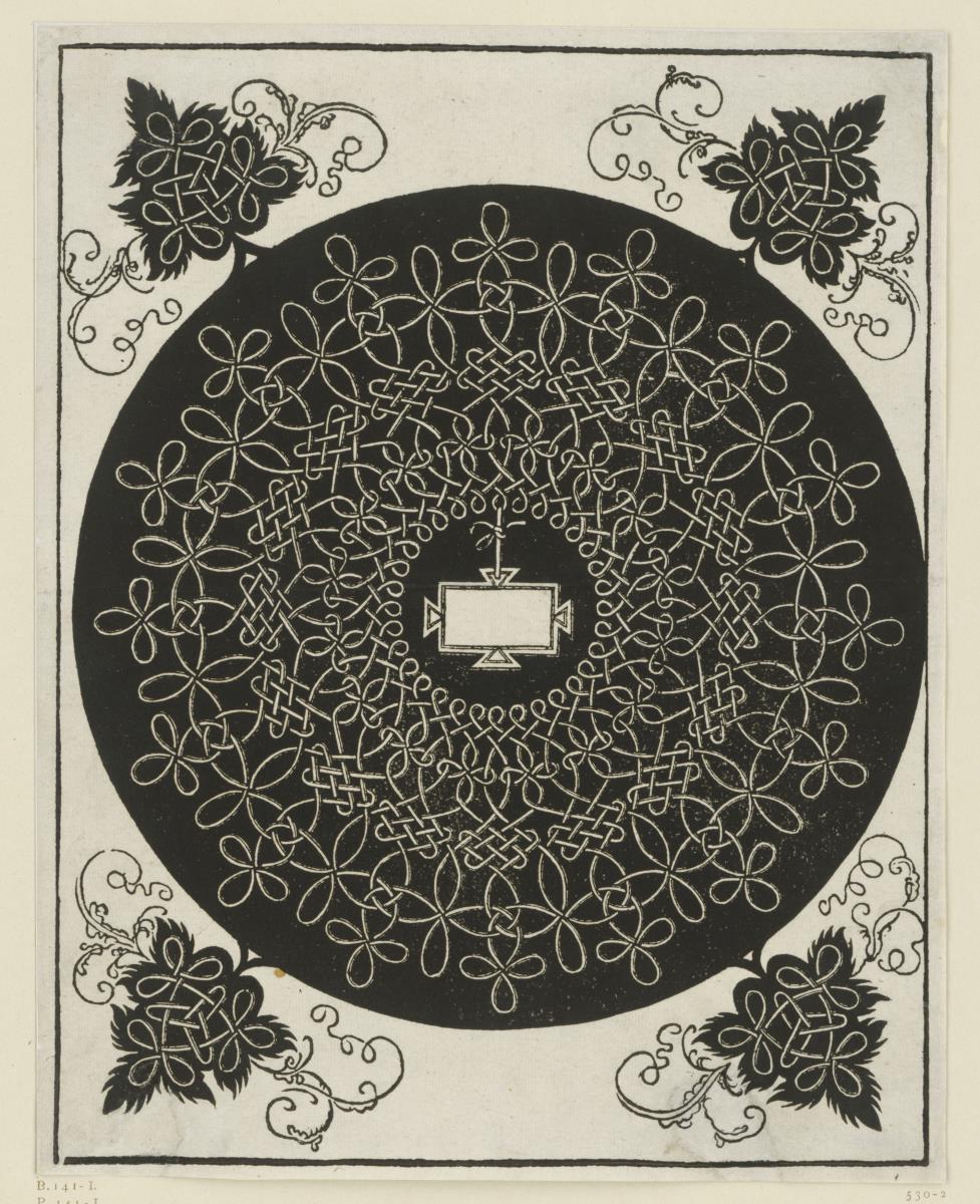 Knoten mit rechteckigem Schild (Entwürfe zu Stickmustern), 1. Zustand