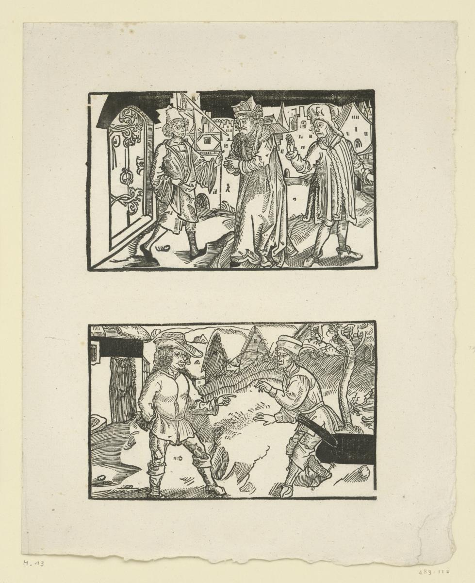 Illustration zu den Komödien des Terenz: Davus, Simo und Chremes; Syrus und Chremes