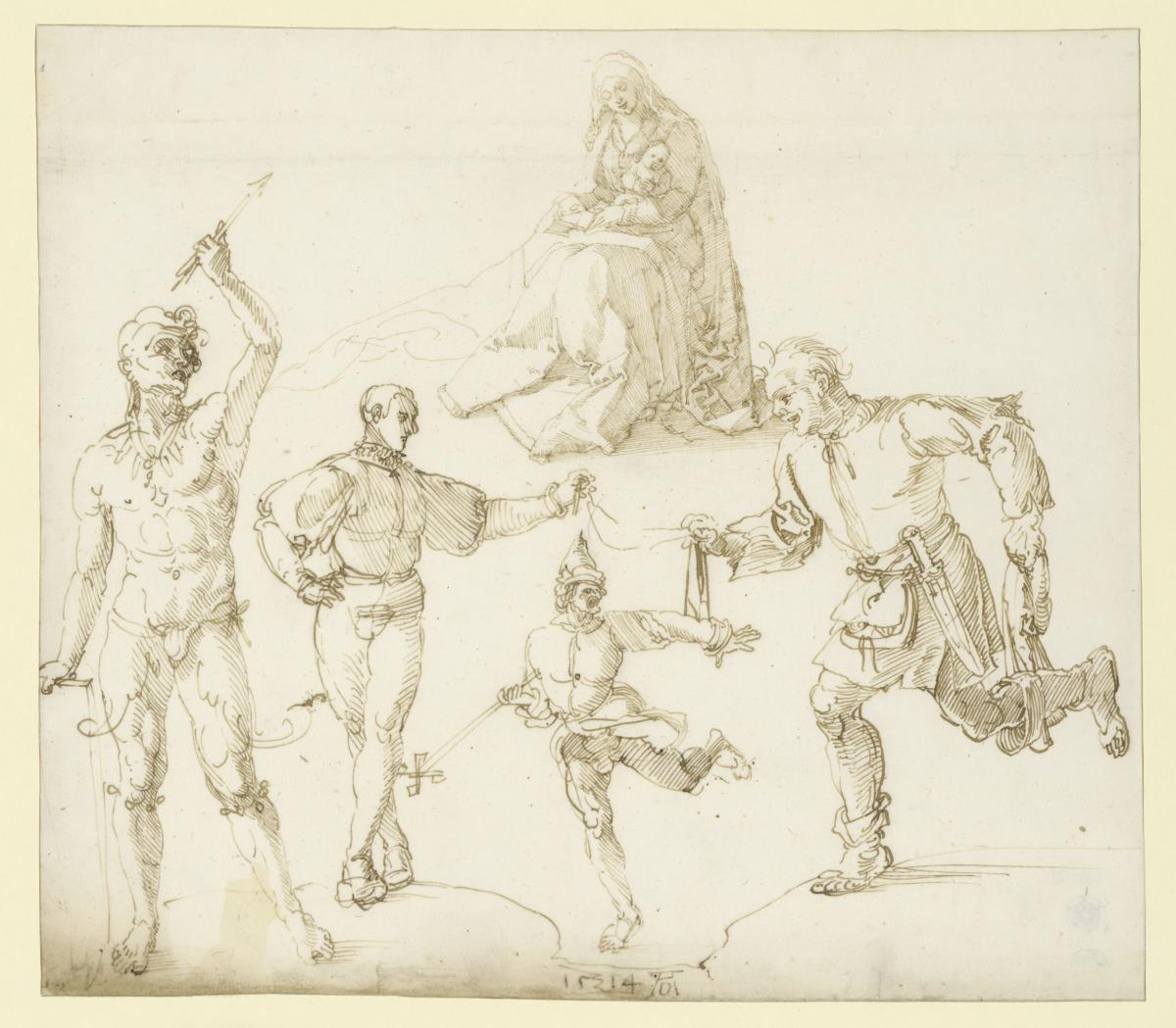 Studienblatt mit einer Madonna und vier männlichen Figuren