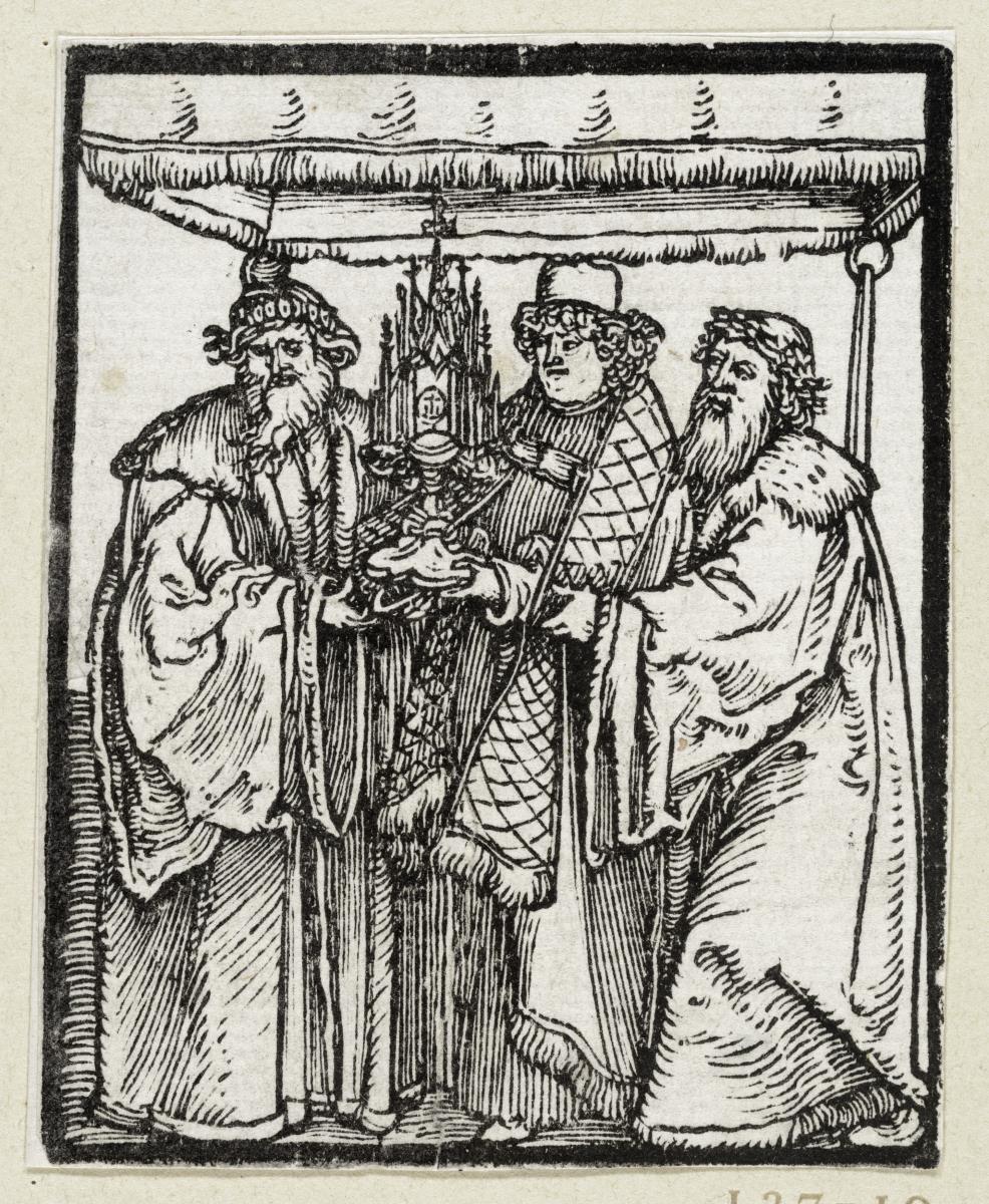 Corpus Christi (Priester mit einer Monstranz), von zwei Laien begleitet (aus: Postilla, 43 Holzschnitte)