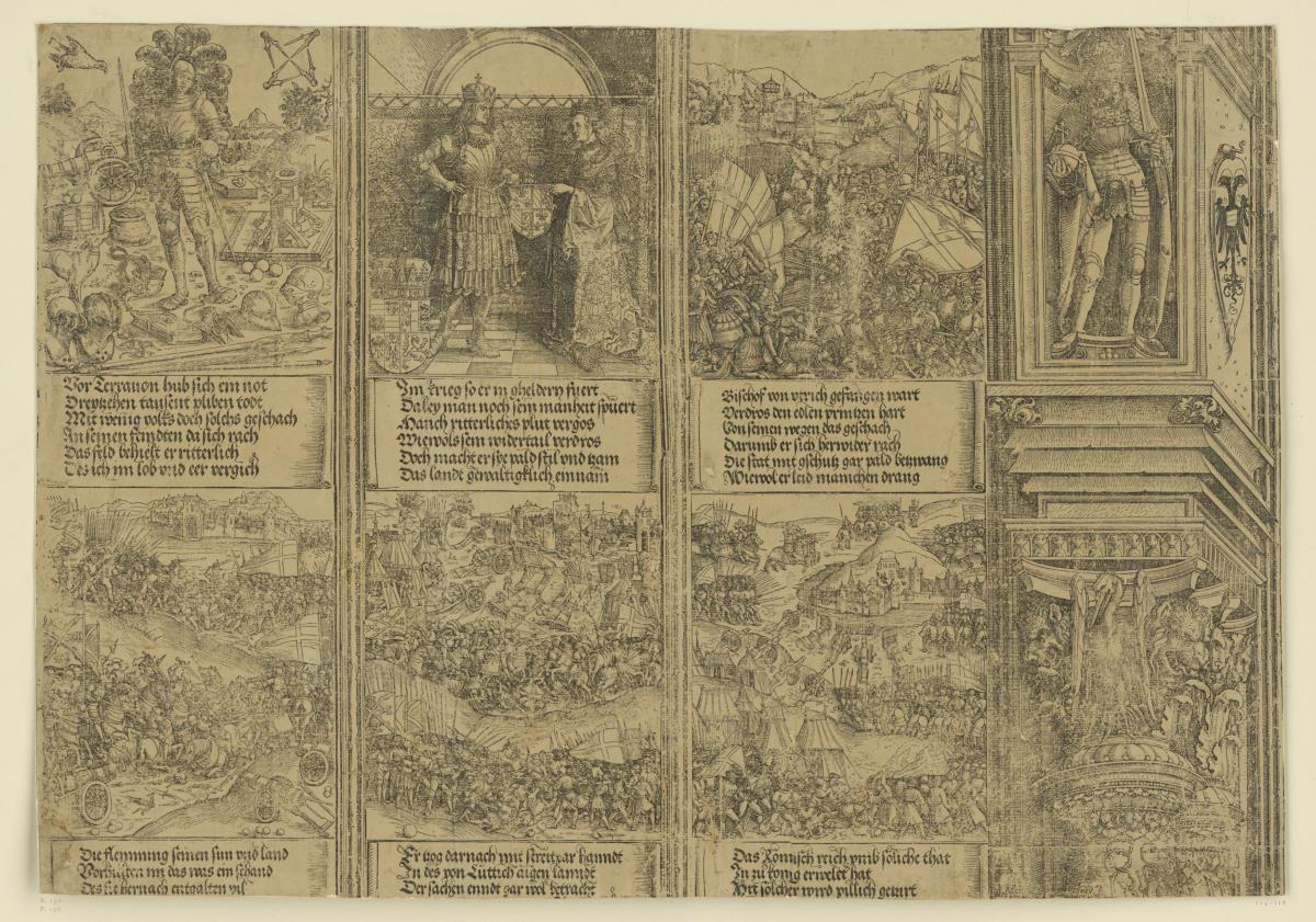 Der Triumphbogen des Kaisers Maximilian I. (13): Die sechs oberen historischen Szenen über dem linken Portal samt Kapitel und Nischenaufsatz der Mittelsäule