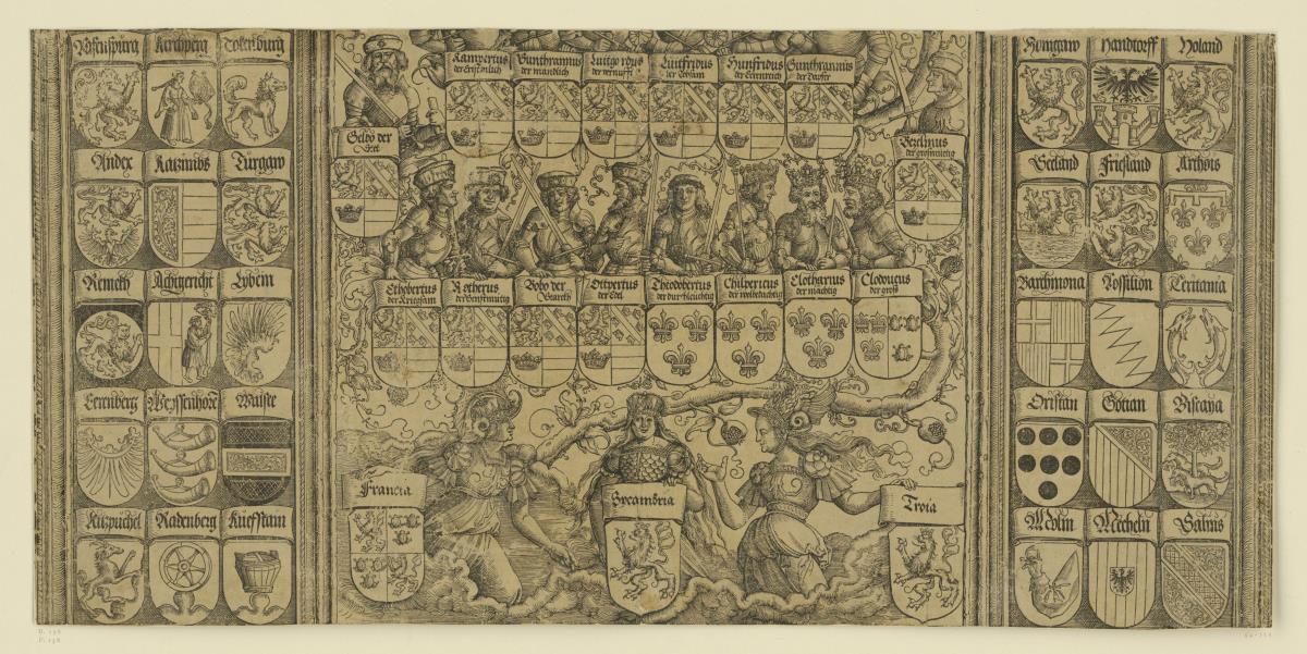 Der Triumphbogen des Kaisers Maximilian I. (4): Unterer Teil des Stammbaums über dem Mittelportal zwischen jeweils 5 x 3 Wappen