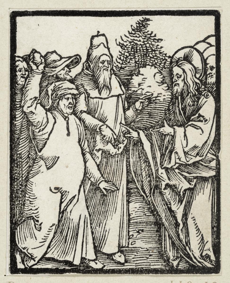 Christus spricht zu den Juden, die ihn steinigen wollen (aus: Postilla, 43 Holzschnitte)