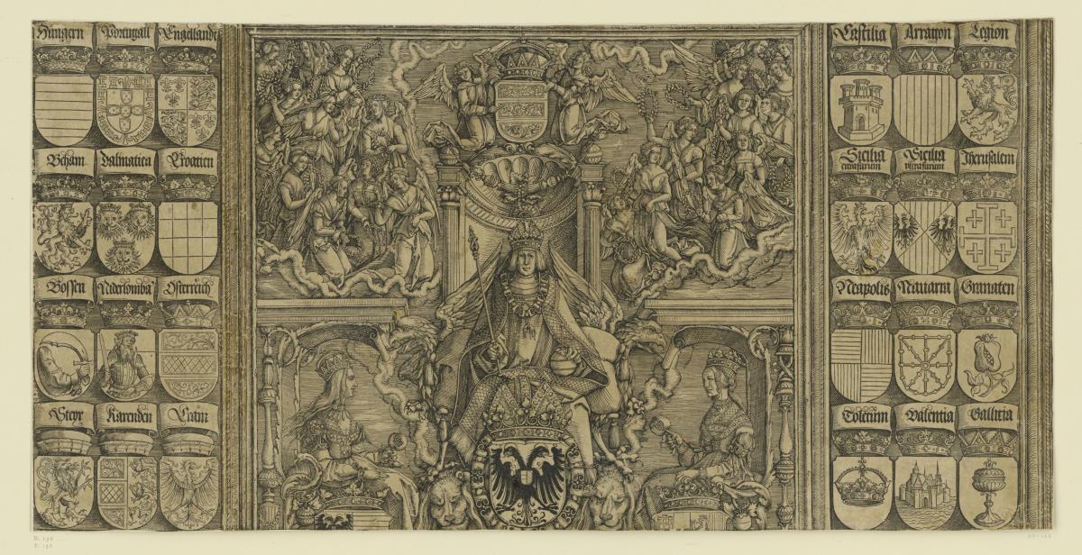 Der Triumphbogen des Kaisers Maximilian I. (7): Der thronende Kaiser zwischen Reihen von Wappen