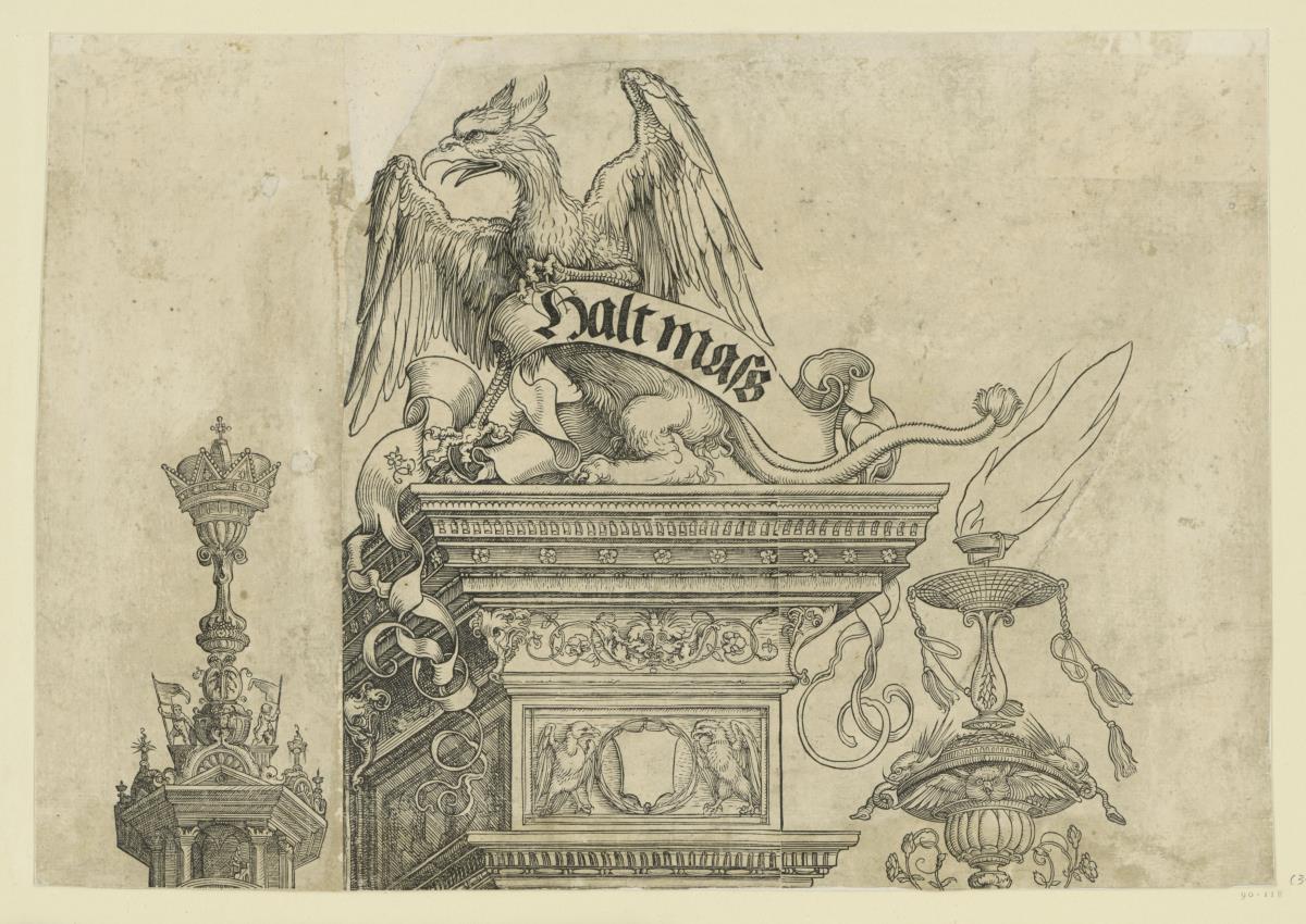 Der Triumphbogen des Kaisers Maximilian I. (31): Bekrönungen der Rahmenarchitektur rechts außen mit Greif, Fackel und Krone