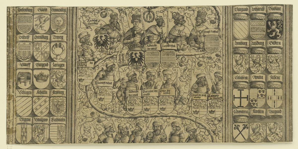Der Triumphbogen des Kaisers Maximilian I. (5): Oberer Teil des Stammbaums zwischen Reihen von Wappen