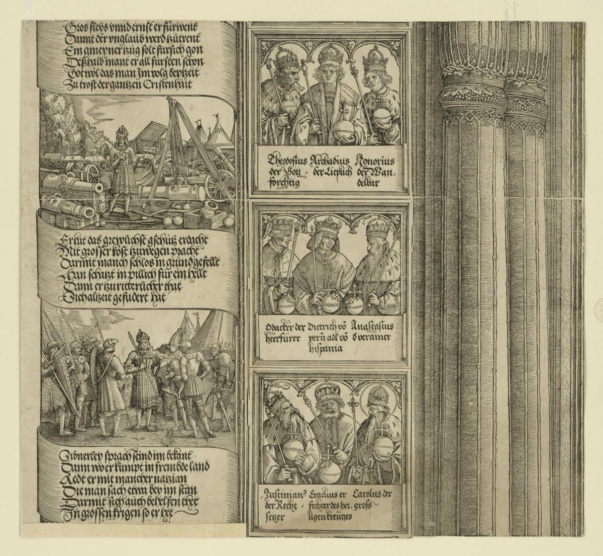 Der Triumphbogen des Kaisers Maximilian I. (18): Der Säulenschaft der linken Außensäule, Mauerstück mit drei Kaiserreliefs und Abschnitt des Turms mit zwei historischen Szenen