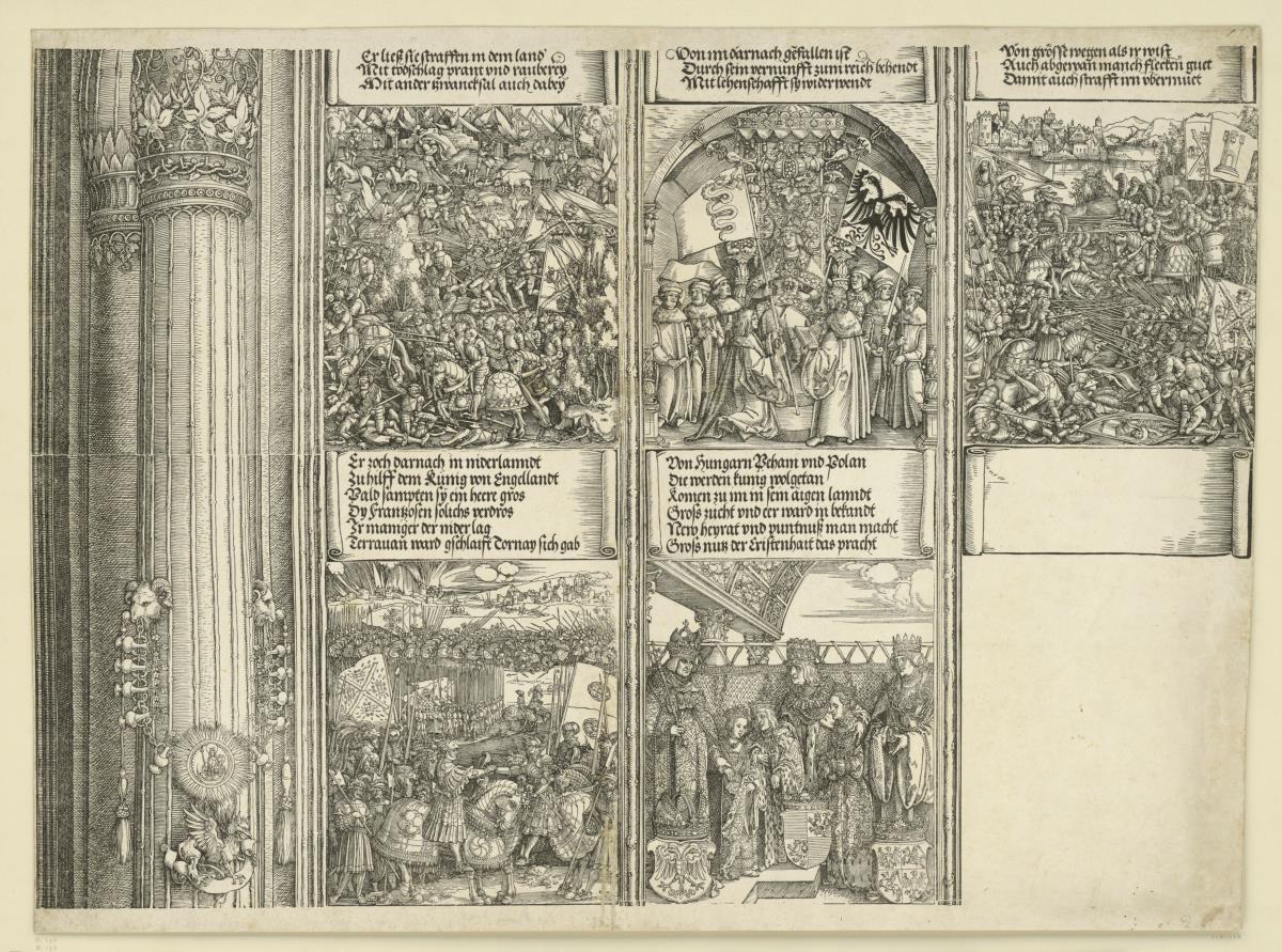 Der Triumphbogen des Kaisers Maximilian I. (23): Die (fünf) unteren historischen Szenen über dem rechten Portal samt des Säulenschafts der Mittelsäule