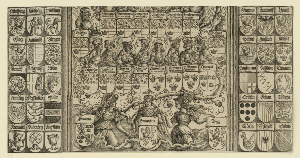 Der Triumphbogen des Kaisers Maximilian I. (4): Unterer Teil des Stammbaums über dem Mittelportal zwischen jeweils 5 x 3 Wappen