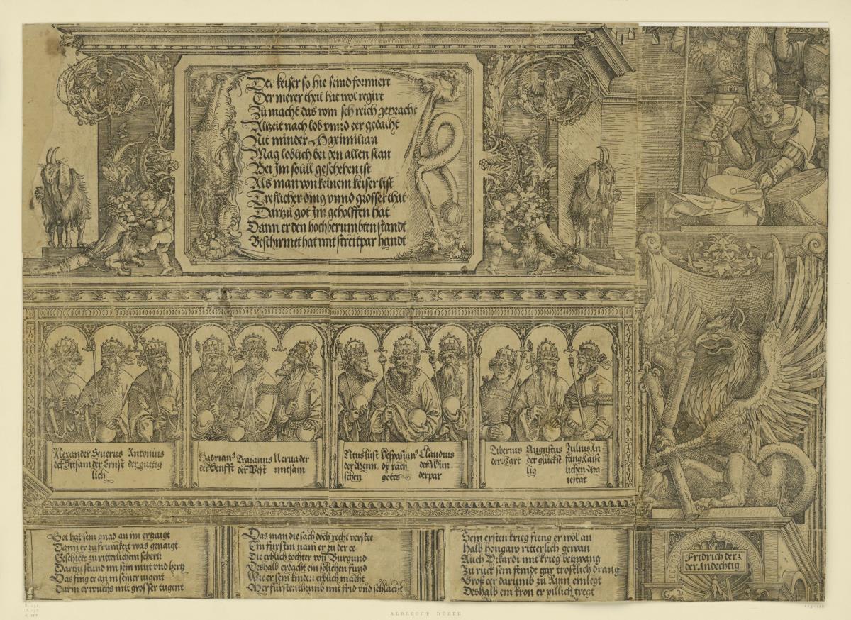 Der Triumphbogen des Kaisers Maximilian I. (14): Inschrifttafel und Kaisergalerie von dem linken Portal samt Aufsatz der Mittelsäule