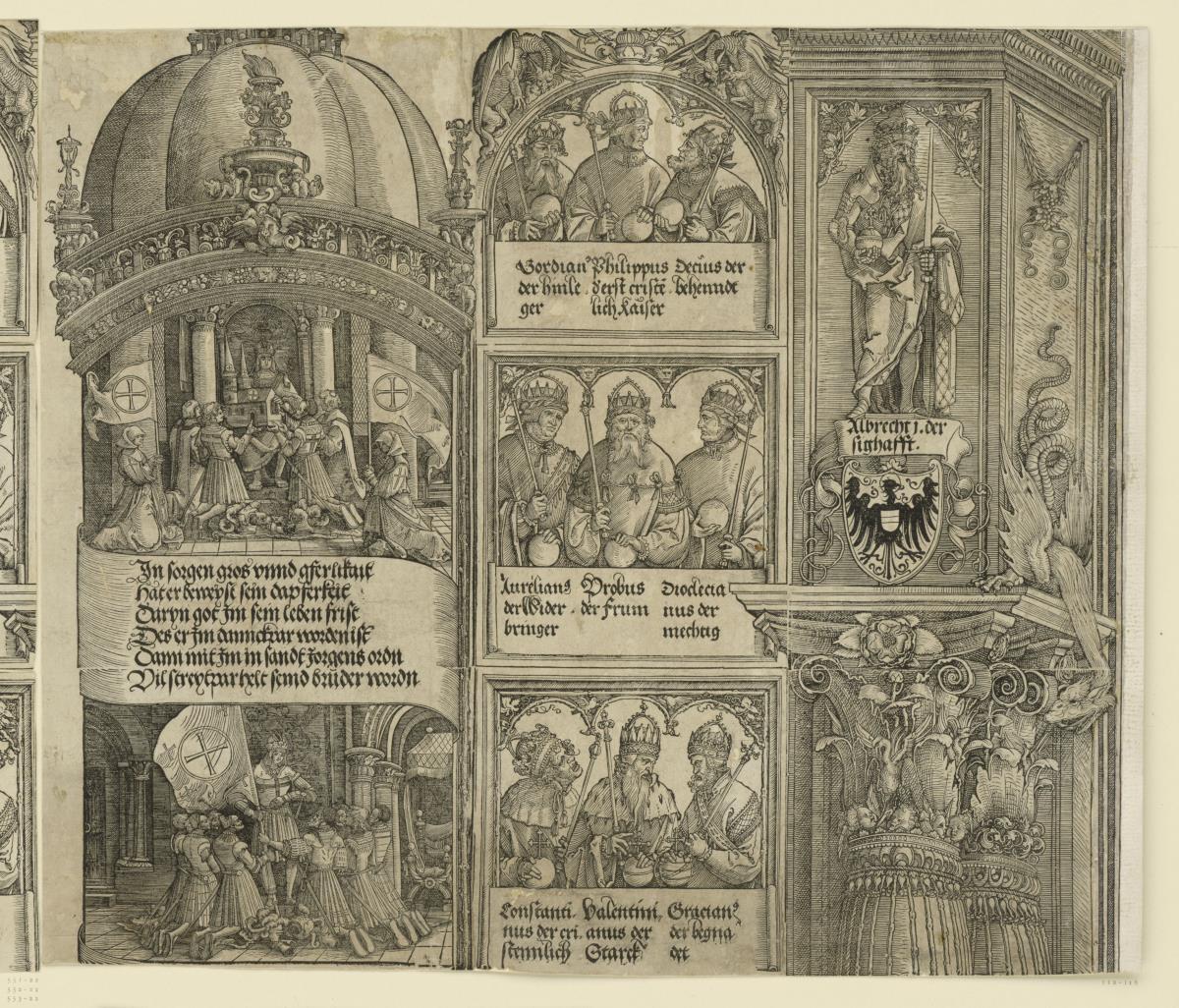 Der Triumphbogen des Kaisers Maximilian I. (19): Kapitel und Aufsatz der linken Außensäule, Abschluß des Mauerstücks mit drei Kaiserreliefs und die Kuppel des Turms samt zwei historischen Szenen
