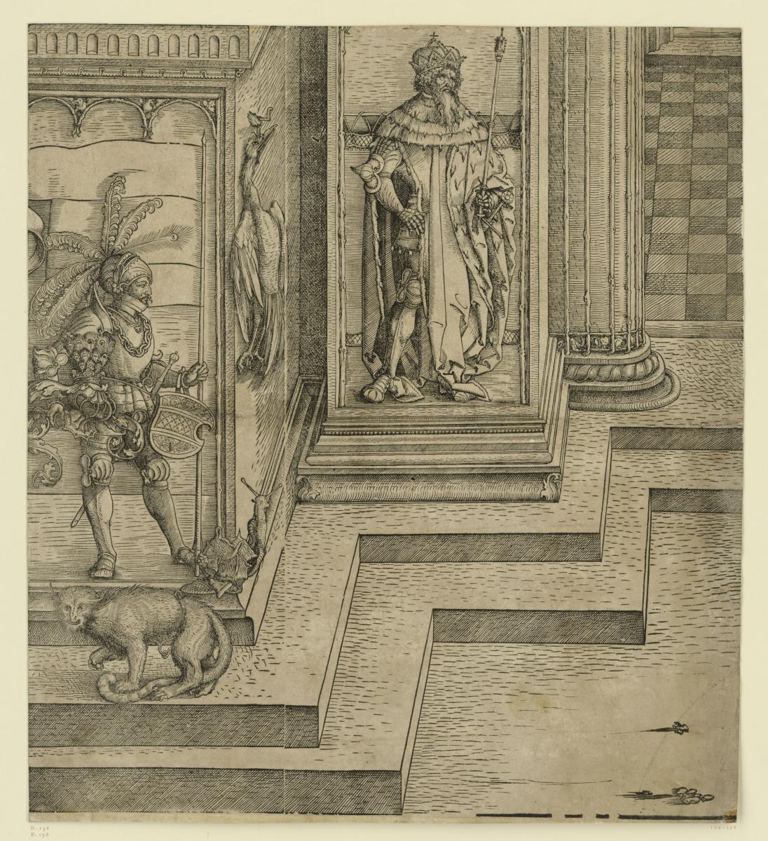 Der Triumphbogen des Kaisers Maximilian I. (1a): Linker Sockel des mittleren Portals und der Sockel der linken Mittelsäule