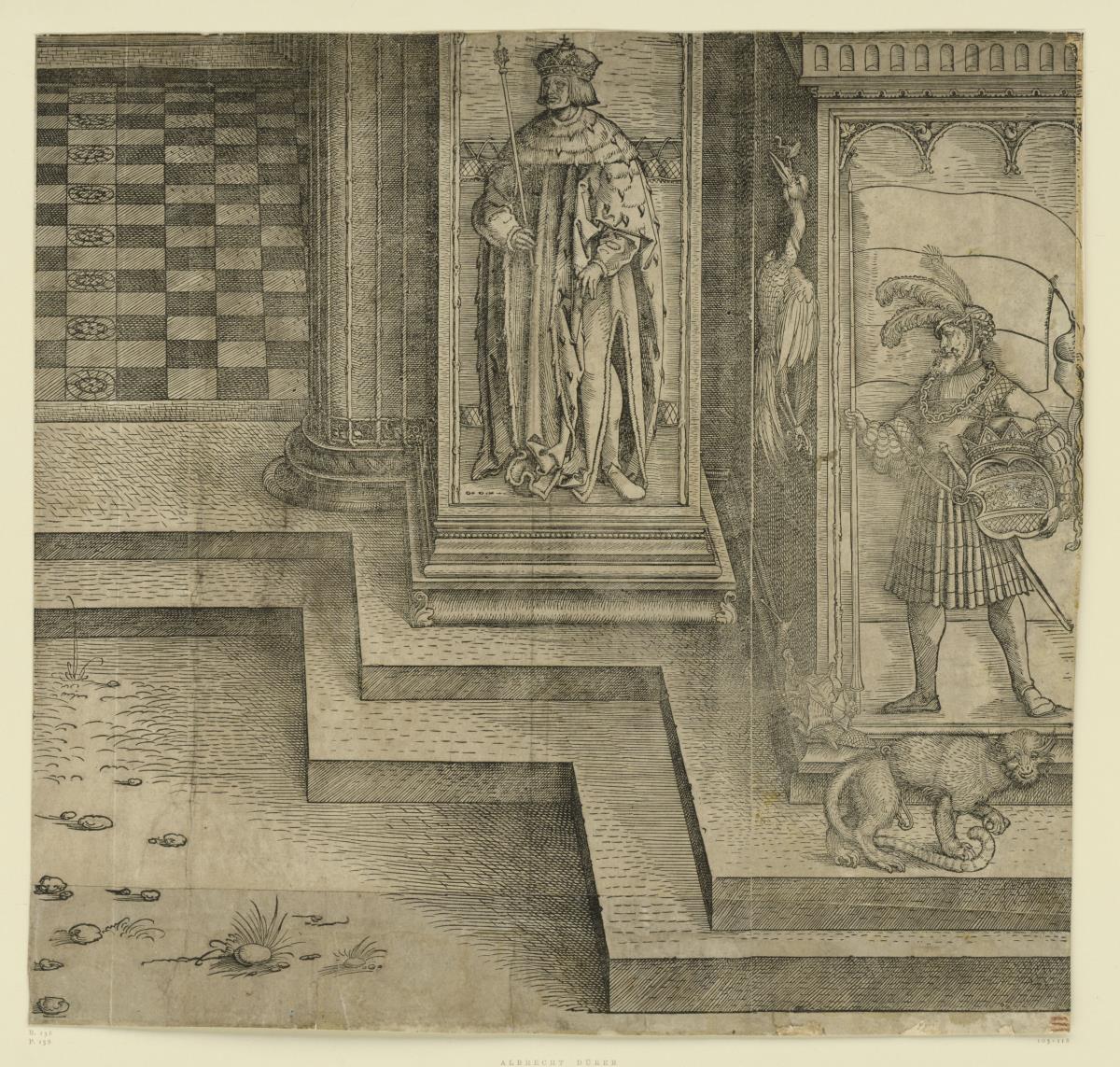Der Triumphbogen des Kaisers Maximilian I. (1b): Rechter Sockel des mittleren Portals und der Sockel der rechten Mittelsäule