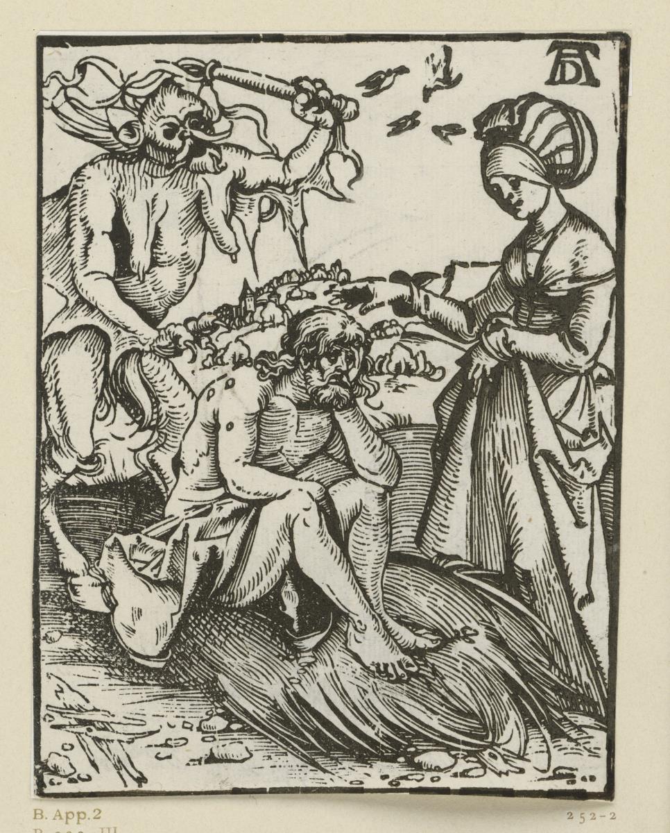 Hiob vom Satan gegeißelt, aus: Ulrich Pinder, Speculum Patientie, Nürnberg 1509, VD16 P 2809