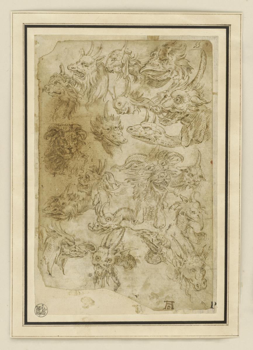 Phantastische Tierköpfe (nach Dürers Holzschnitten der Apokalypse)