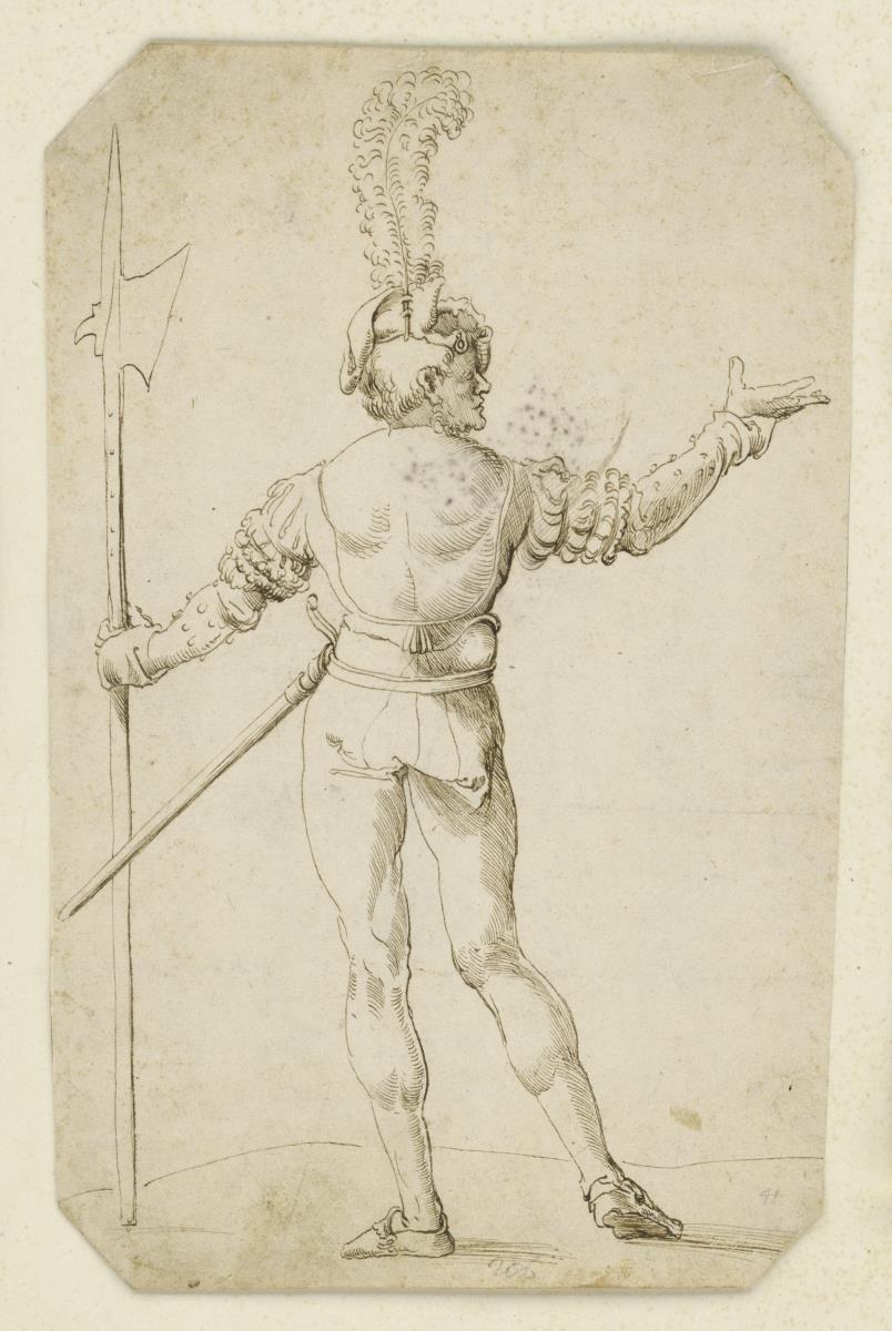 Landsknecht in Rückansicht stehend. Er hält in der Linken eine Partisane und wendet sich mit dem Kopf und einer Bewegung der rechten Hand nach rechts