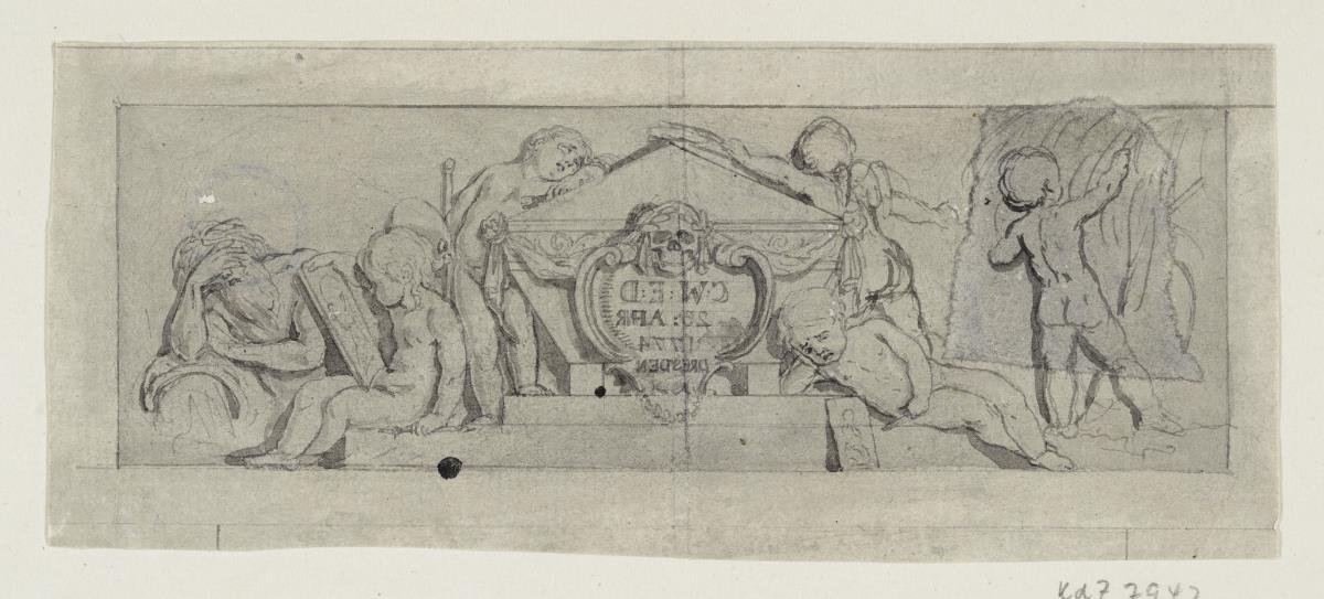 Entwurf für ein Grabmal C. W. E. Dietrichs (Vorlage für eine Radierung). Ein Sarg mit trauernden Putten, vorn die Inschrift (im Gegensinn): C:W:E:D28: Apr: 1774 Dresden. Rechts ist einer der Putten auf einem aufgeklebten Stück Papier neu gezeichnet