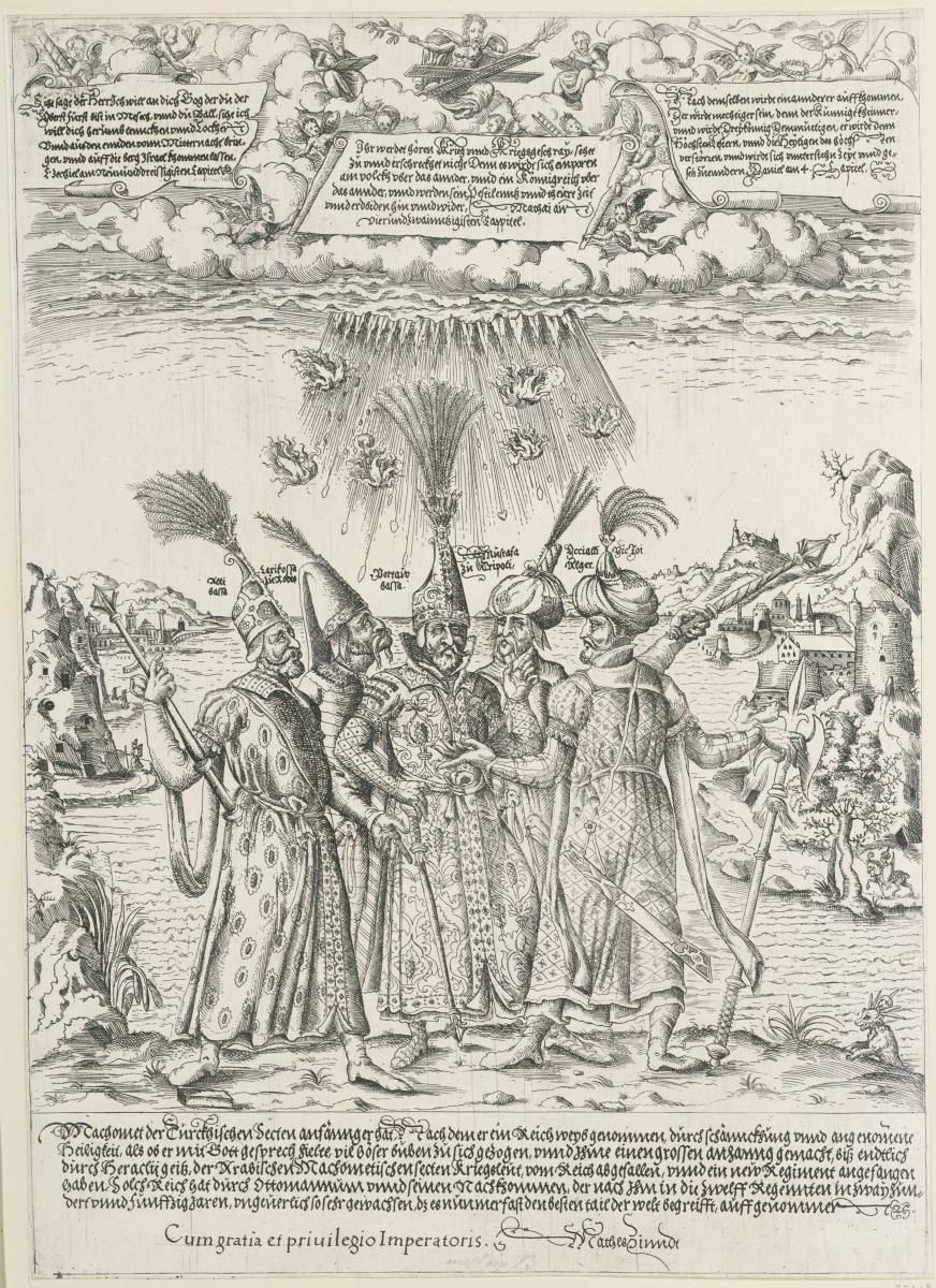 Die fünf türkischen Heerführer in Beratung vor der Schlacht bei Lepanto, im Himmel halten Engel Schriftrollen; unter der Abbildung befinden sich fünf Zeilen Text