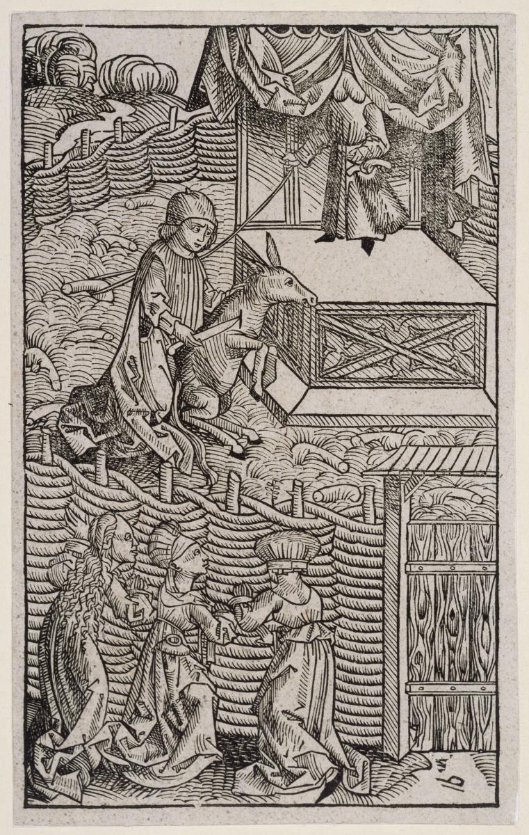 Das Priapus-Opfer. Opferung (?) eine Esels (?) vor einem Altar (?) in einem umzeunten Areal unter Beobachtung dreier Frauen
