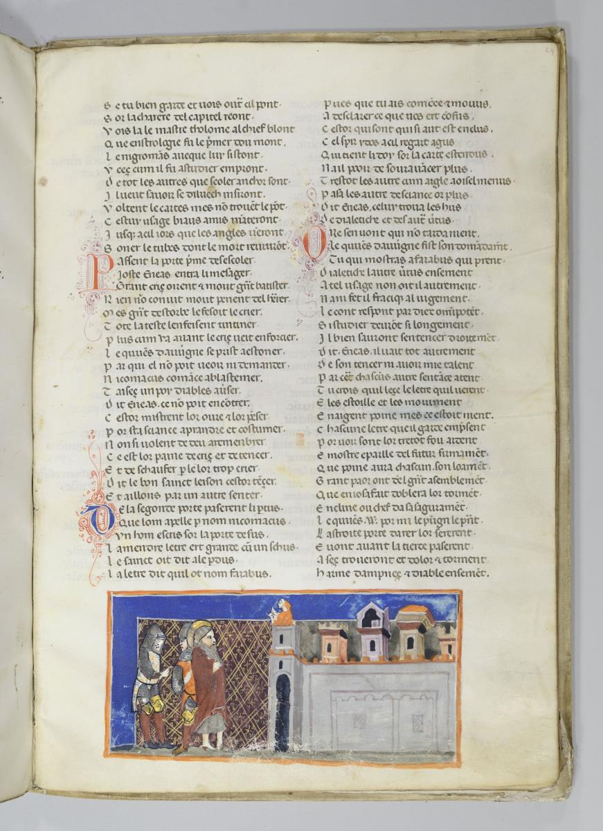 Hüon d'Auvergne, Roman in Versen, geschrieben v. Nicolas Trombeor. Die Wanderer erblicken Dante auf einem Turm der Stadt