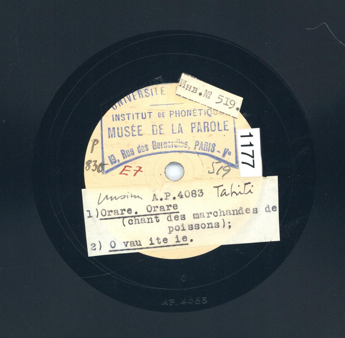 Titel A: Orare, orare; O vau ite ie (chant des marchandes de poissons)
Titel B: Te faarue nei oe i au (chant de la femme abandonné)