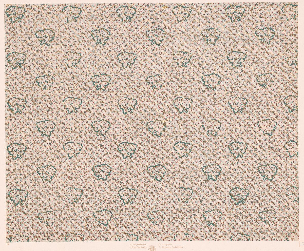 Walzendruckpapier mit Golddruck (Sternchen über Netzmuster und Blütenzweigen)