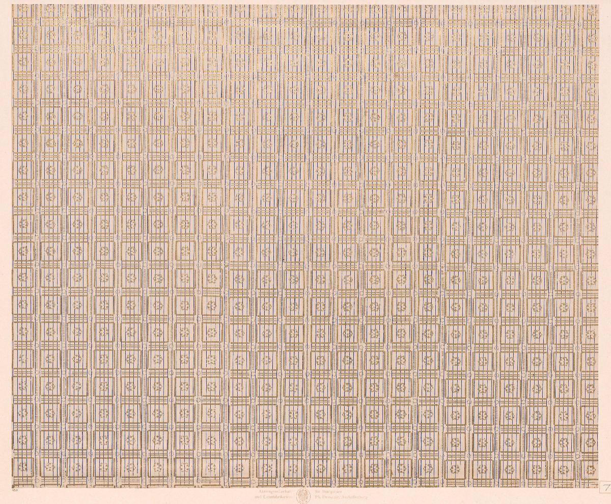 Walzendruckpapier mit Golddruck (Netzmuster mit Blüten über feinen Linien)