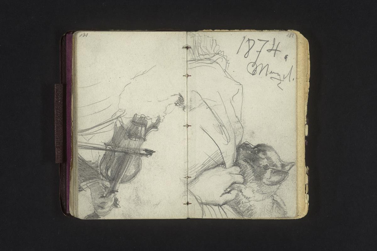 Hand am Steg der Violine, Hand eine Katze streichelnd