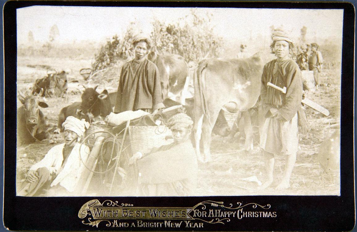 WITH BEST WISHES FOR A HAPPY CHRISTMAS AND A BRIGHT NEW YEAR. J.Beato. MANDALAY. Kachins Camp at Bhamo.