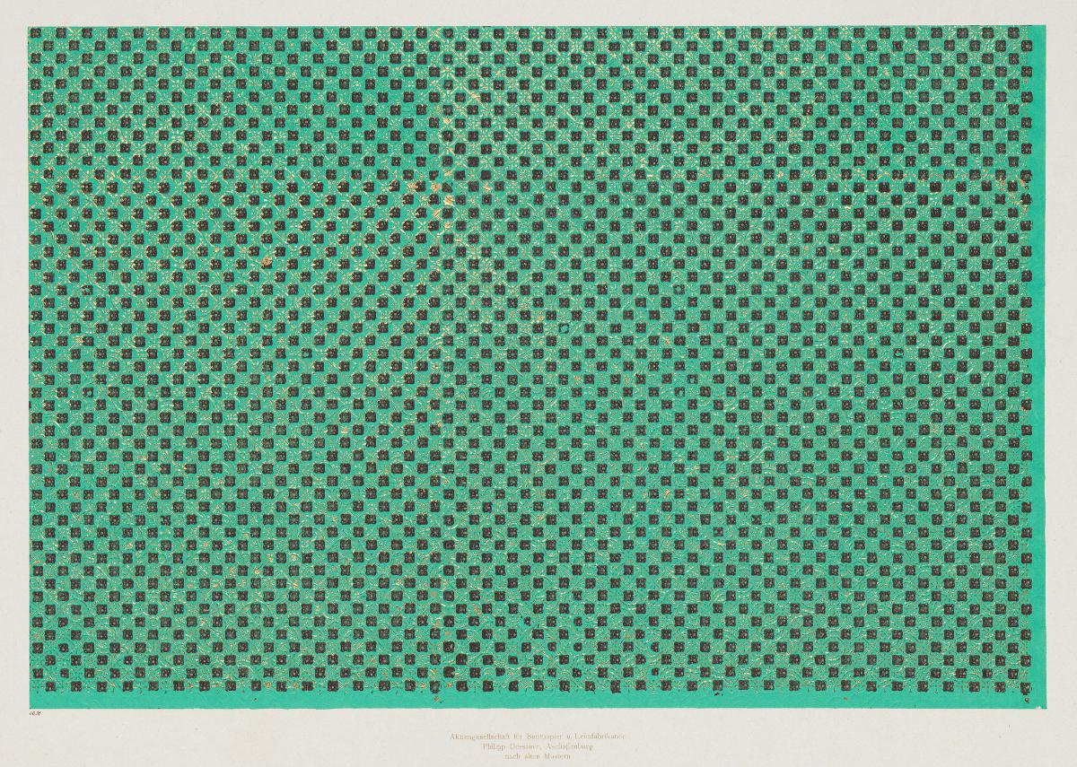 Walzendruckpapier mit Golddruck (Netzmuster mit simplen kleinen Blumen und Quadraten, nach alten Mustern)
