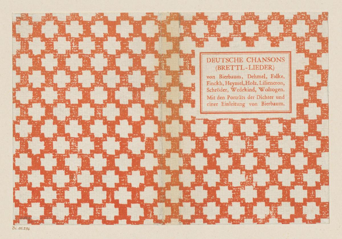 Einband zu Deutsche Chansons (Brettl-Lieder) von Bierbaum, Dehmel, Falke, Finckh, Heymel, Holz, Liliencron, Schröder, Wedekind, Wolzogen. Mit den Porträts der Dichter und einer Einleitung von Bierbaum