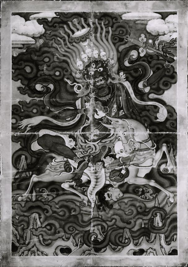 Zornvolle Gottheit: Palden Lhamo /Sri Devi (Dharmapala) auf einem Pferd