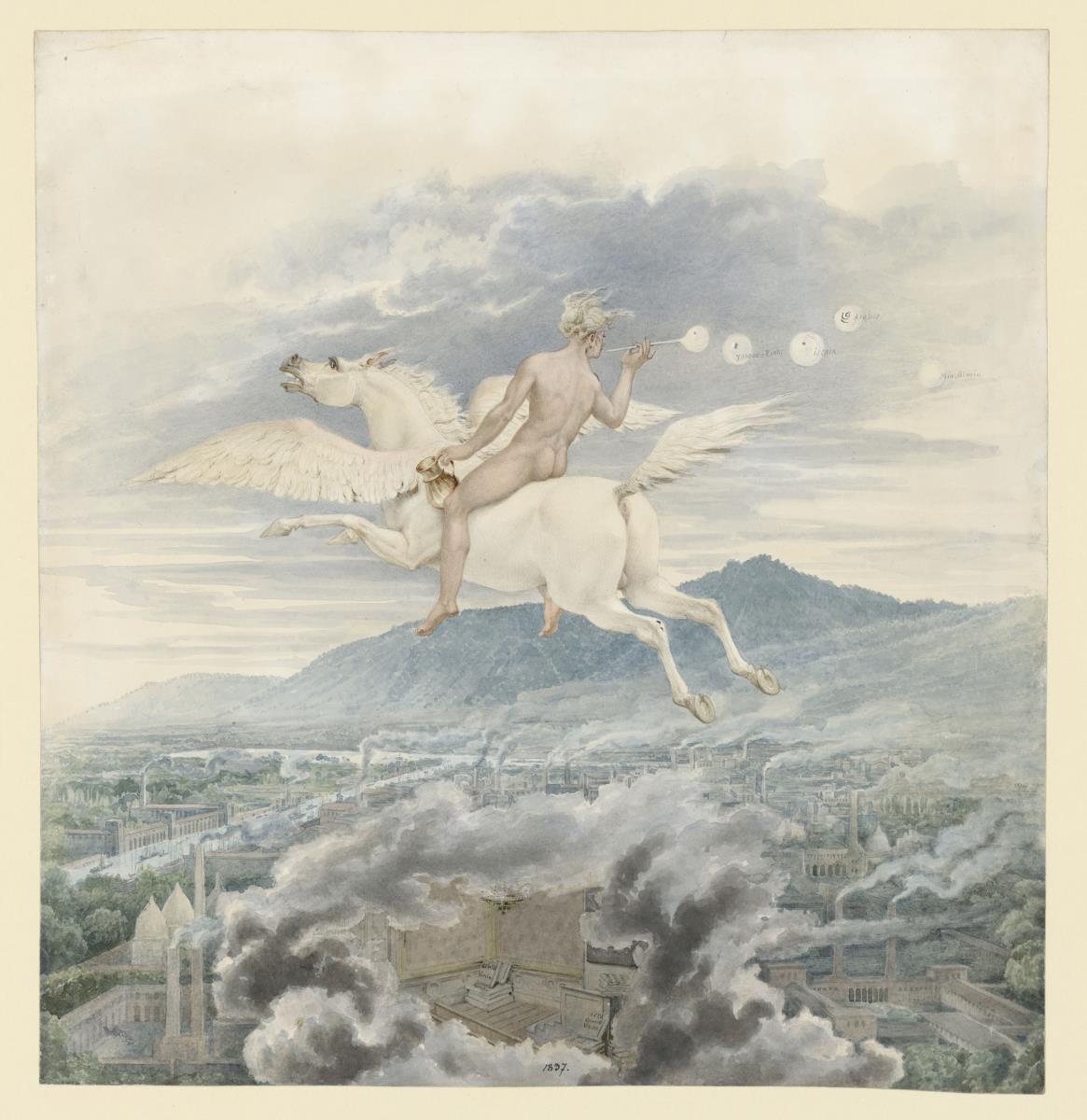 Weibliche Figur (Seifenbläserin) als Allegorie auf Christian Peter Wilhelm Beuth, den Pegasus über einer Industriestadt reitend