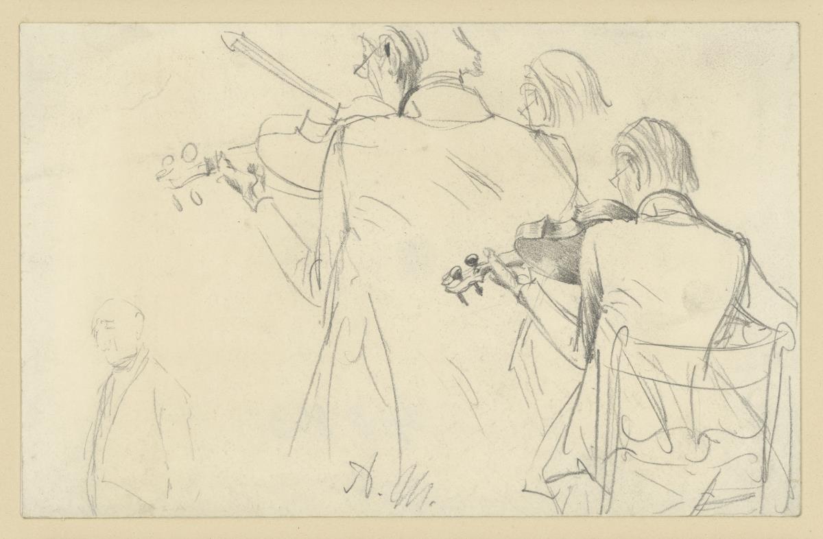 Skizzen zu einem Violinspieler und stehende Figur. Vorstudie zum Gemälde "Flötenkonzert Friedrichs des Großen in Sanssouci"