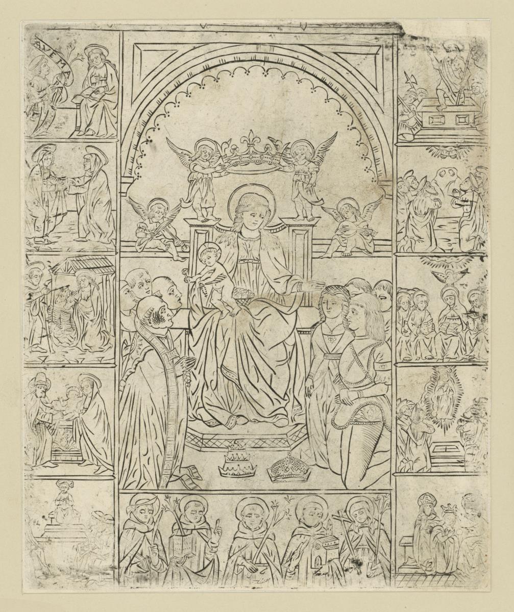 Anbetung der thronenden Muttergottes, umrahmt von zehn Szenen aus dem Marienleben