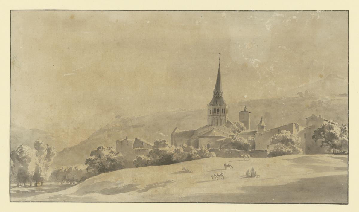 Ansicht eines Dorfes auf einem Hügel (vielleicht Savigny in der Nähe von Lyon)