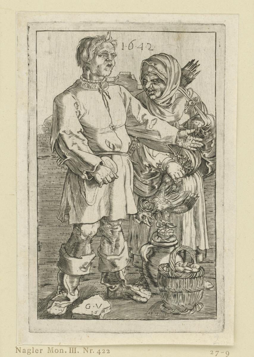 Mann und Frau mit Huhn und Korb