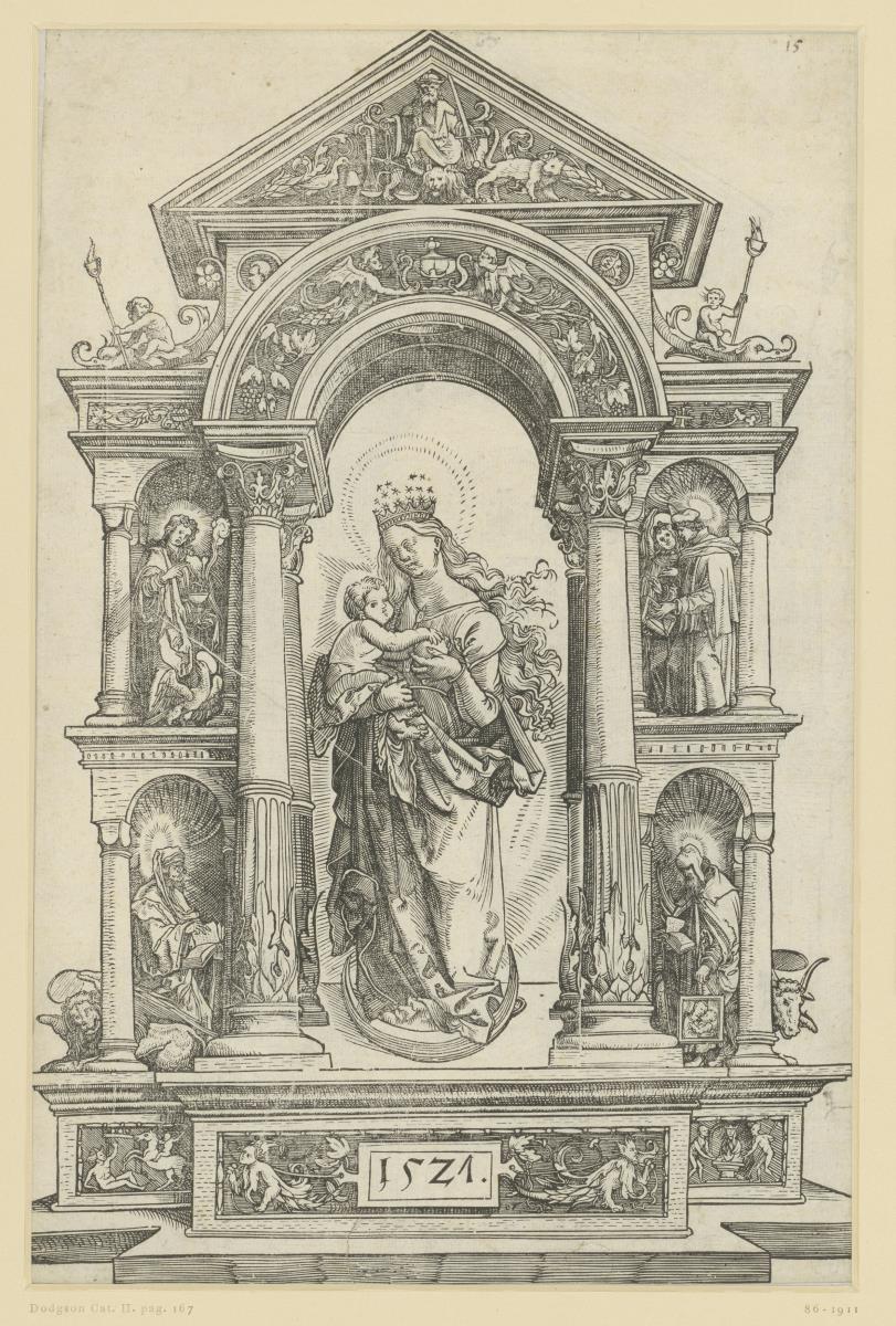 Madonna mit Kind in architektonischem Rahmen mit den vier Evangelisten