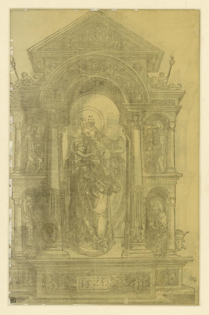 Madonna mit Kind in architektonischem Rahmen mit den vier Evangelisten, Rückseite