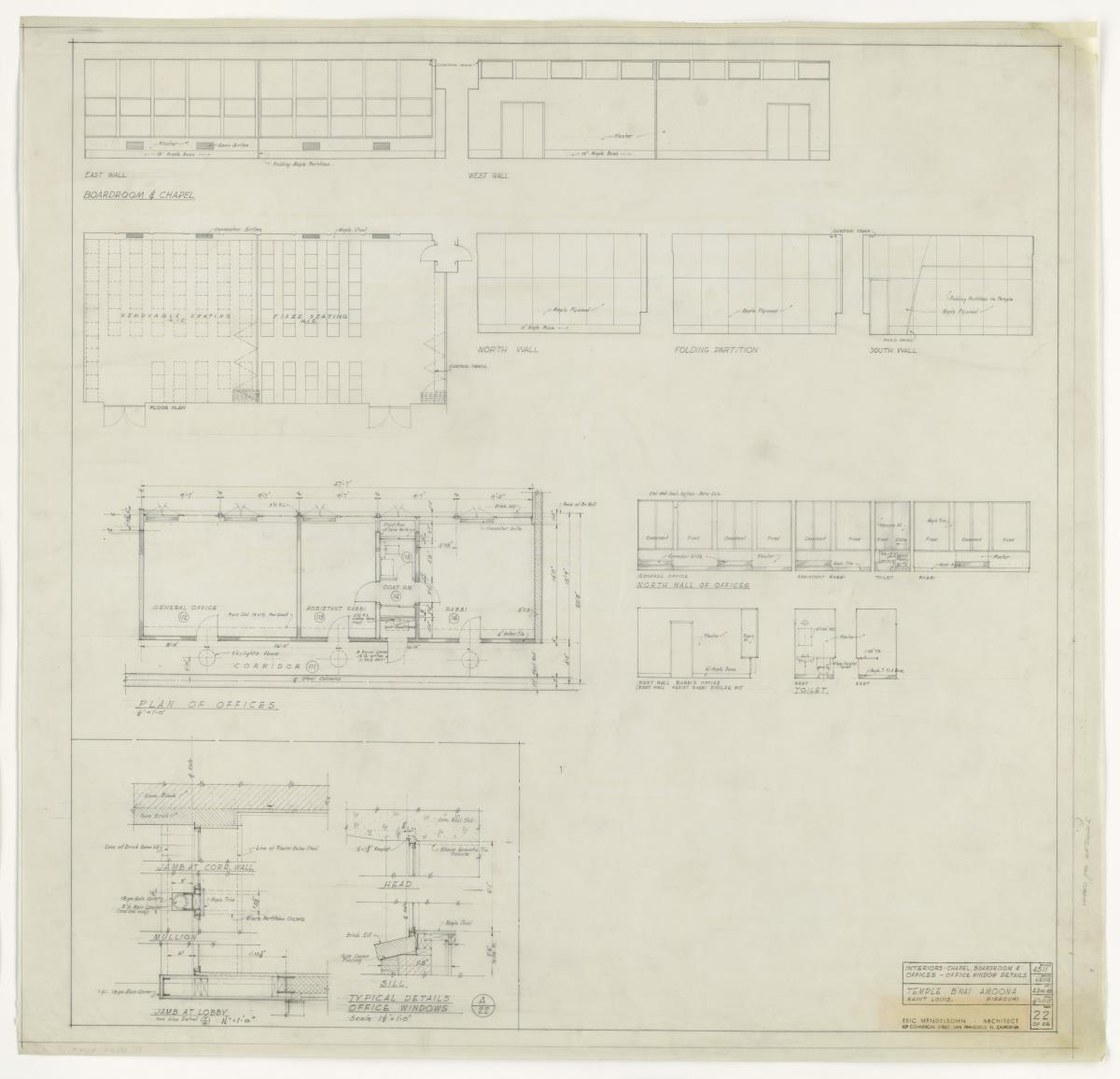 St. Louis, Missouri, Synagoge und Gemeindezentrum B'nai Amoona, Innenräume, Kapelle, Sitzungssaal, Büros, Details der Bürofenster