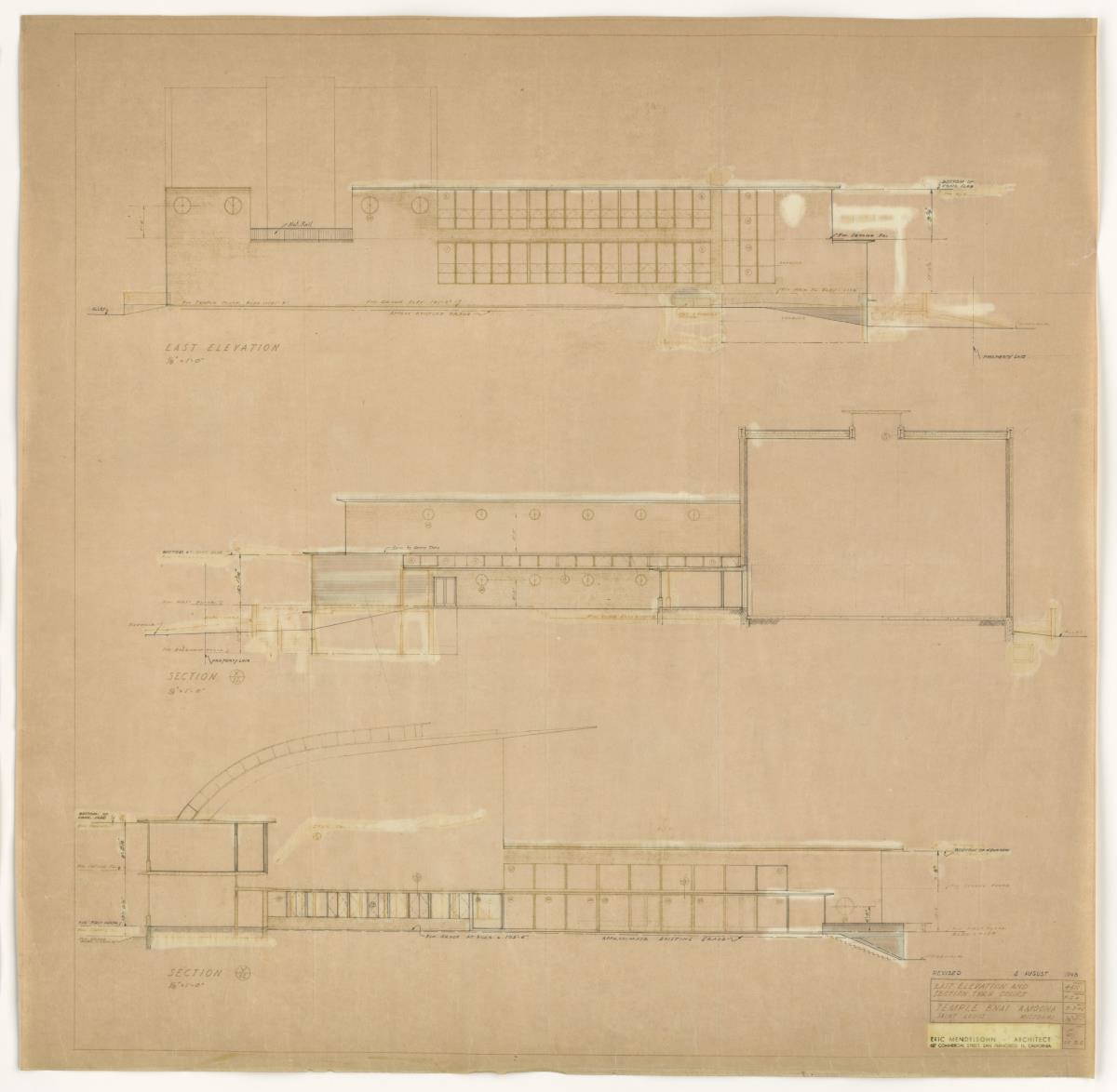 St. Louis, Missouri, Synagoge und Gemeindezentrum B'nai Amoona, Aufriss von Osten und Schnitt durch den Hof