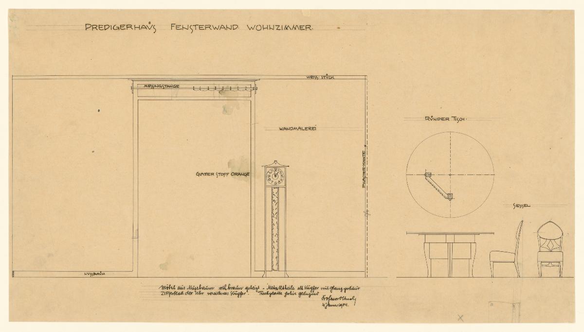 Darmstadt, Dreihäusergruppe, Predigerhaus, Erdgeschoss, Wohnzimmer, Raum 30, Aufriss der Ostwand, Aufriss und Grundriss des Tisches sowie Aufriss und Seitenansicht eines Stuhles