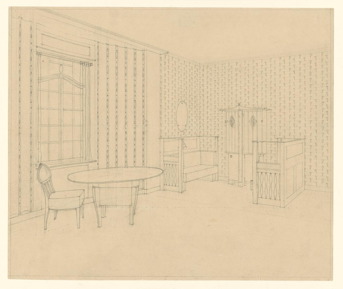 Darmstadt, Dreihäusergruppe, Predigerhaus, Erdgeschoss, Wohnzimmer, Raum 30, Perspektive von Nordwesten