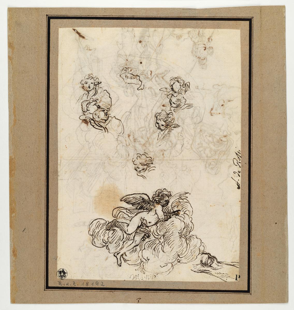 Skizzenblatt (Anbetung der Hirten, Detailstudien, Putto in Wolken, Karikatur eines Klerikers, Rückenansicht eines Mannes in Rüstung)