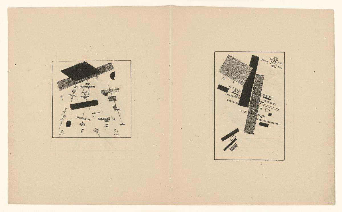 Ohne Titel ("Suprematistische Satelliten" und "In suprematistischem Raum"), Doppelseite aus dem Buch "Suprematismus. 34 Zeichnungen"