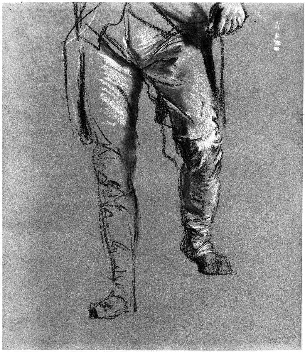Beinstellung eines Offiziers in Reiterstiefeln auf Treppenstufen. Modellstudie zu "Das Treffen Friedrich II. und Joseph II. in Neisse"