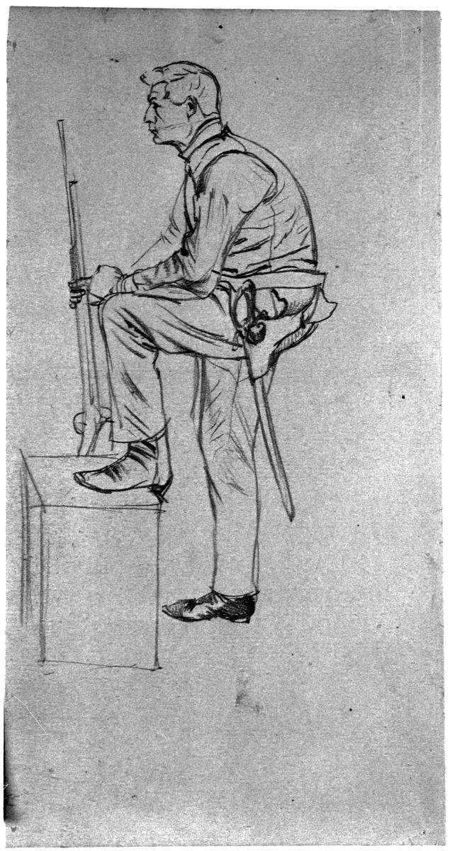 Soldat mit Gewehr und Säbel, das linke Bein hochgestellt. Modellstudie zu "Friedrich und die Seinen bei Hochkirch"